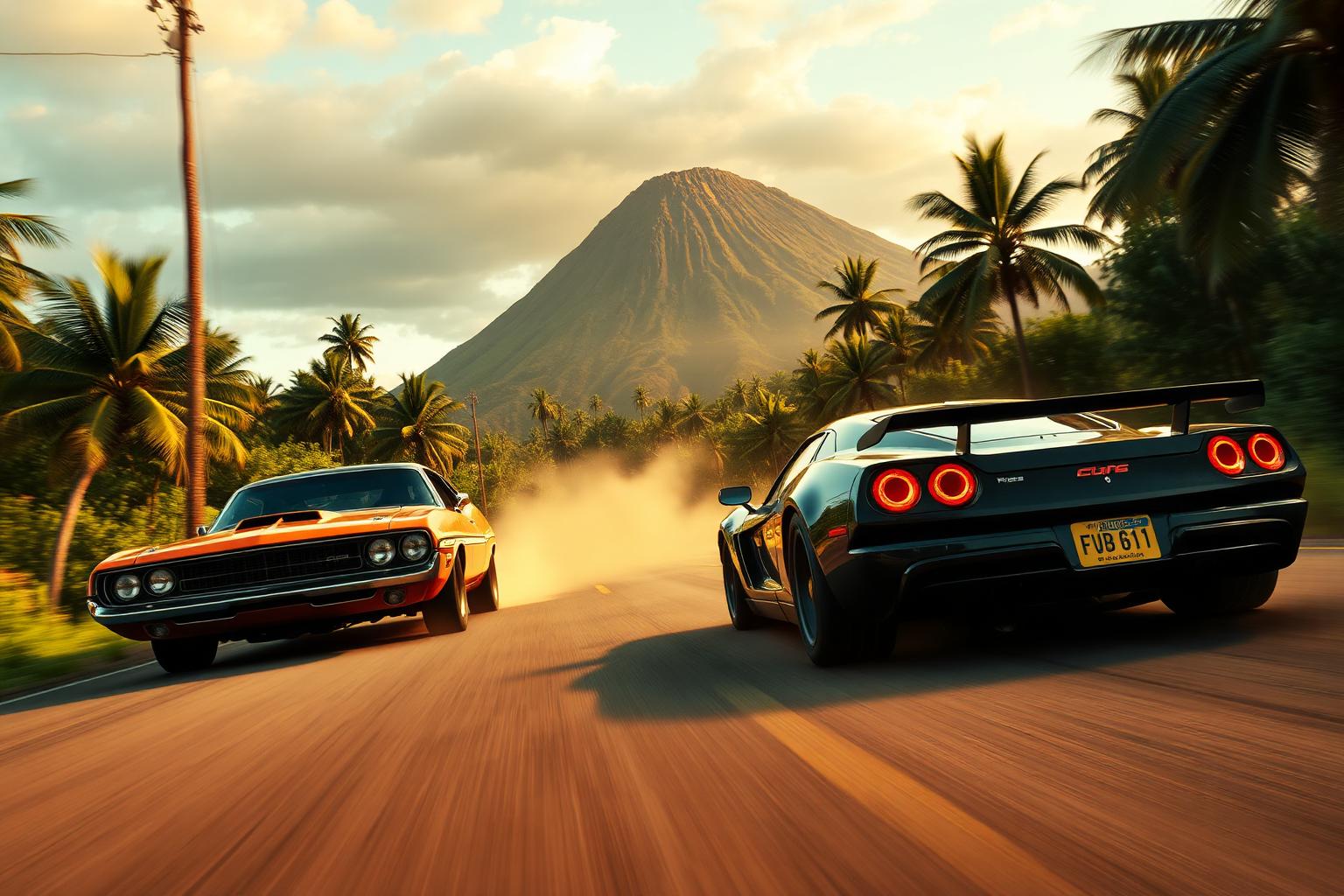 Muscle car y sports car corriendo en una carretera tropical mexicana, inspirado en Forza Horizon 5